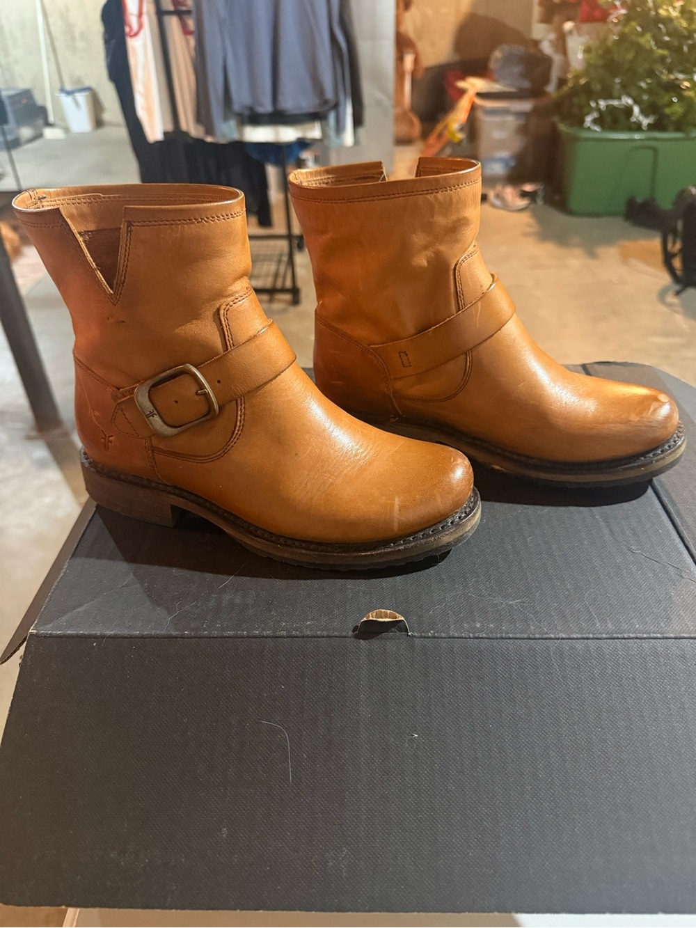 Frye Cognac Leather Ankle Harness Boots